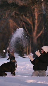 playing with a dog in nature. Doberman puppy with his owner. running with a puppy in the forest. winter frosty day in nature. puppy playing with its owner. raising a dog.