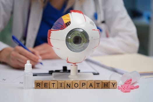 A detailed visual representation of retinopathy utilizing an eye model within a comprehensive clinical setting