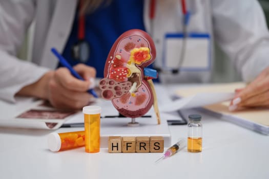 A medical professional examines a kidney model and its treatments to ensure effective patient care and health