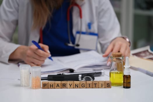 A physician documents a pharyngitis case, noting medications and details for patient care and treatment