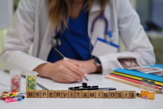 A medical expert examines the complexities of hypervitaminosis using colorful pills and extensive resources