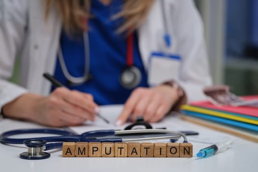 A medical professional details the amputation procedure, highlighting a stethoscope and various supplies