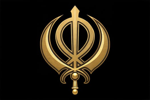 The iconic Sikh Khanda symbol, featuring a double-edged sword, crossed daggers, and central emblem, depicted in gold.