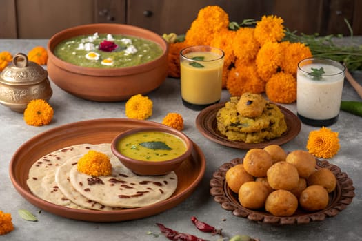 A festive Baisakhi feast featuring traditional dishes like parathas, sweets, and drinks, decorated with flowers.