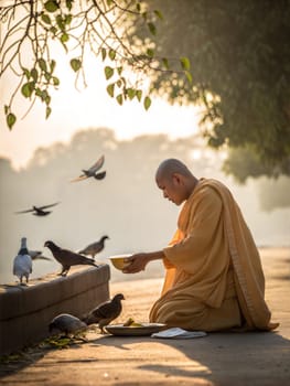 A peaceful image symbolizing Ahimsa, with a monk feeding birds in a serene setting.