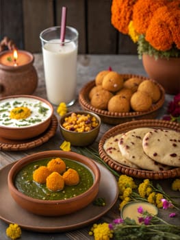 A festive Baisakhi feast featuring traditional dishes like parathas, sweets, and drinks, decorated with flowers.