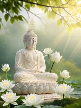 A peaceful scene with a marble statue of Lord Mahavir sitting on a lotus pedestal surrounded by lotus flowers, radiating calm and serenity.