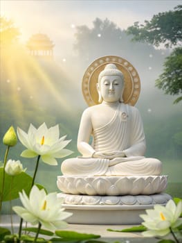 A peaceful scene with a marble statue of Lord Mahavir sitting on a lotus pedestal surrounded by lotus flowers, radiating calm and serenity.