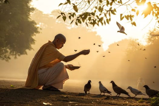 A peaceful image symbolizing Ahimsa, with a monk feeding birds in a serene setting.