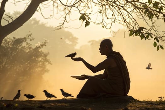 A serene image of a monk practicing Ahimsa, offering food to birds in a peaceful moment.