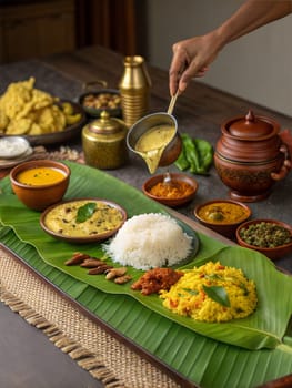 A grand Vishu Sadya feast served on banana leaves with rice, curry, vegetable dishes, and snacks, showcasing traditional Kerala cuisine.