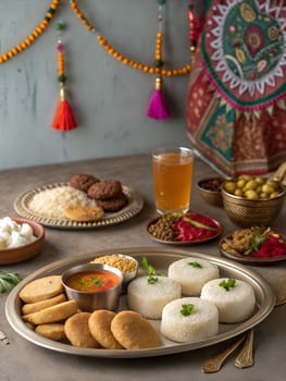 A beautifully arranged Bohag Bihu feast served on traditional bell metal plates. The table is filled with Assamese delicacies like Pitha, Laru, Jolpan and a glass of freshly made Assamese tea.