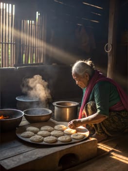 An elderly Assamese woman making traditional Pitha rice cakes, with smoke rising from the hot dishes in a rustic kitchen. This scene highlights Assamese culinary traditions.