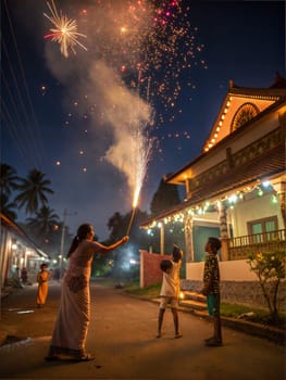 A lively scene of children and families lighting fireworks in a festive atmosphere at night, with bright lights and celebrations.