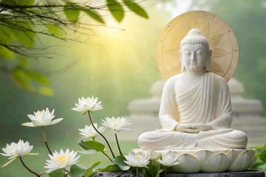 A peaceful scene with a marble statue of Lord Mahavir sitting on a lotus pedestal surrounded by lotus flowers, radiating calm and serenity.
