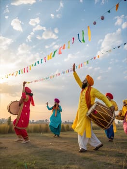 A lively Baisakhi celebration with people dancing in colorful traditional attire, playing drums, and enjoying the festive atmosphere.