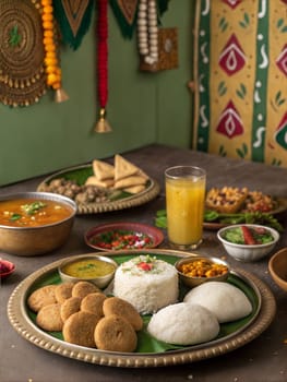 A beautifully arranged Bohag Bihu feast served on traditional bell metal plates. The table is filled with Assamese delicacies like Pitha, Laru, Jolpan and a glass of freshly made Assamese tea.