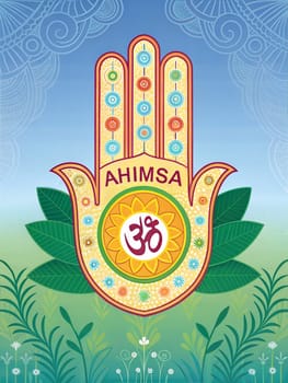 A colorful, symbolic representation of Jainism featuring the Hamsa hand with the word Ahimsa and Om symbol.