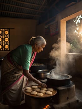 An elderly Assamese woman making traditional Pitha rice cakes, with smoke rising from the hot dishes in a rustic kitchen. This scene highlights Assamese culinary traditions.