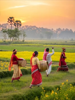 A vibrant scene of Assamese men and women in traditional attire performing a cultural dance with drums. A celebration of Assamese heritage and dance.