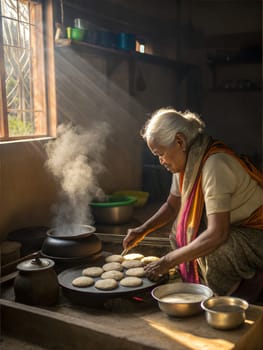 An elderly Assamese woman making traditional Pitha rice cakes, with smoke rising from the hot dishes in a rustic kitchen. This scene highlights Assamese culinary traditions.