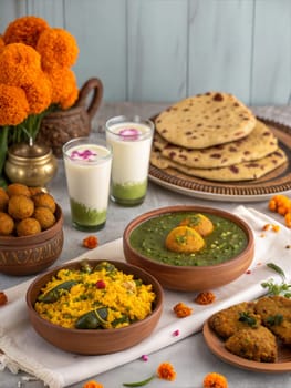 A festive Baisakhi feast featuring traditional dishes like parathas, sweets, and drinks, decorated with flowers.