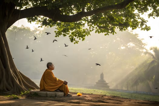 A serene moment of a Jain monk in saffron robes meditating peacefully under a large tree with birds flying around. Isolated on white background.