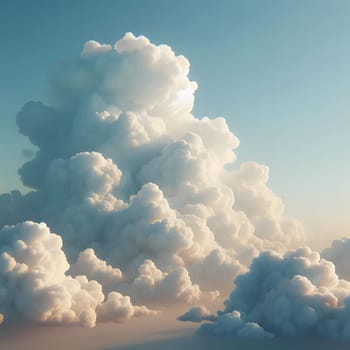 Fluffy, towering clouds illuminated by soft sunlight against a clear blue sky, showcasing the beauty of nature's formations Generative AI