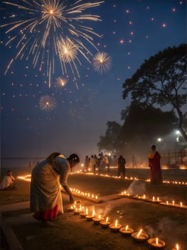A mesmerizing night scene of people lighting earthen lamps and celebrating Bohag Bihu under the starry sky. Fireworks sparkle in the distance, and traditional folk musicians play dhol and pepa