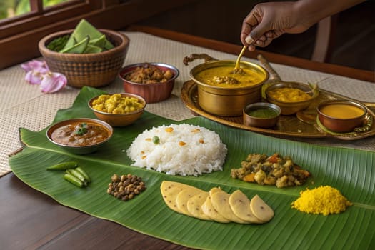 A grand Vishu Sadya feast served on banana leaves with rice, curry, vegetable dishes, and snacks, showcasing traditional Kerala cuisine.