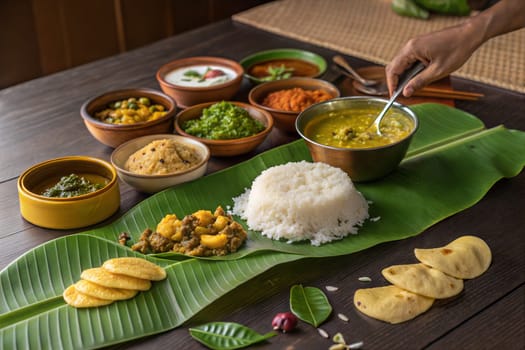 A grand Vishu Sadya feast served on banana leaves with rice, curry, vegetable dishes, and snacks, showcasing traditional Kerala cuisine.