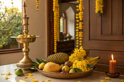 A beautifully arranged Vishu Kani with fruits, yellow flowers, a brass lamp, and a candle, symbolizing prosperity and tradition.