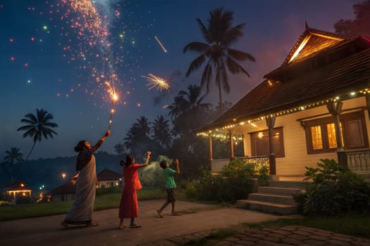 A lively scene of children and families lighting fireworks in a festive atmosphere at night, with bright lights and celebrations.