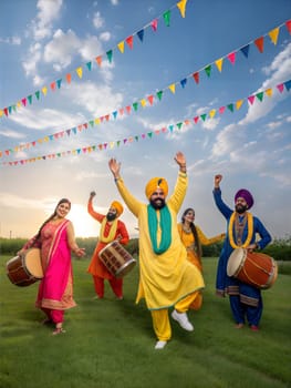 A vibrant Baisakhi celebration with people dancing in traditional attire, holding colorful flags and playing drums.