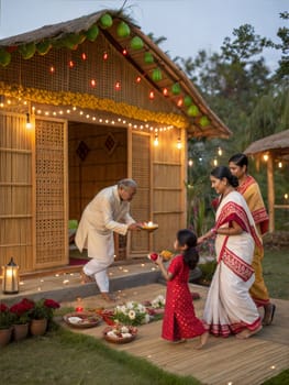 A festive scene of an Assamese family celebrating traditional rituals with joy and unity. The family members are seen lighting diyas, offering prayers, and enjoying the festival together.