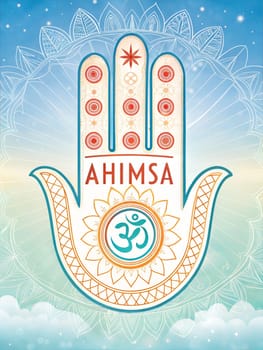 A vibrant digital artwork representing the Jain symbol of Ahimsa, with the Om symbol at the center.