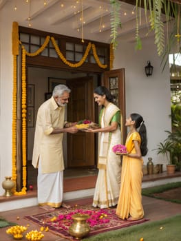 A joyful Kerala family celebrating Vishu with festive decorations, marigold flowers, and traditional attire. The grandfather hands over a plate of flowers to the family.