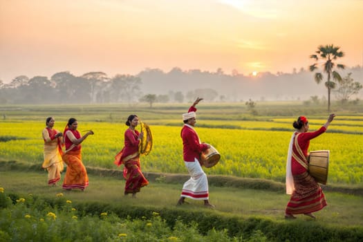 A vibrant scene of Assamese men and women in traditional attire performing a cultural dance with drums. A celebration of Assamese heritage and dance.