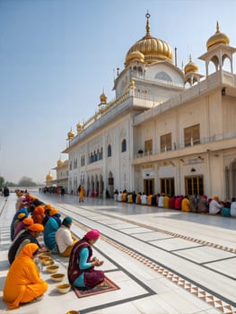 Devotees sitting and eating langar (community meal) at a Gurdwara in a serene and spiritual setting.