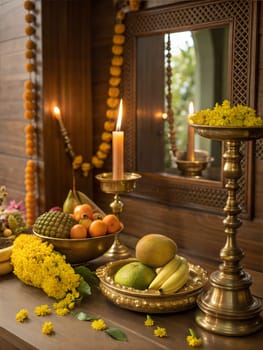 A beautifully arranged Vishu Kani with fruits, yellow flowers, a brass lamp, and a candle, symbolizing prosperity and tradition.