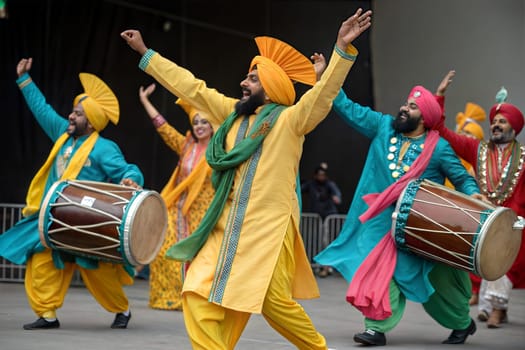 A lively Bhangra dance performance featuring dancers in colorful outfits, playing traditional drums.