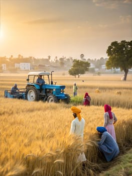 A serene scene of farmers harvesting wheat in a lush Punjabi field with a tractor during the Baisakhi festival.