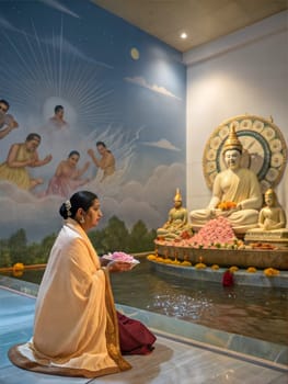 A devotee offers lotus flowers to the Buddha statue in a serene temple setting, surrounded by spiritual paintings.