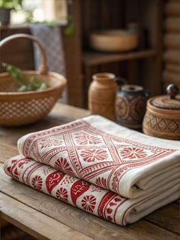 A beautifully folded traditional Assamese Gamusa with red and white patterns.