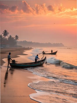 A peaceful Kerala coastline at sunrise with fishermen on boats, palm trees, and the gentle waves of the sea.
