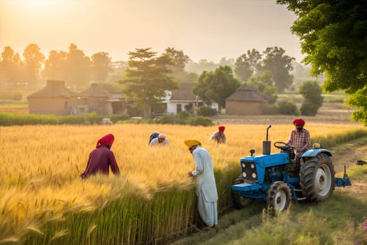 A serene scene of farmers harvesting wheat in a lush Punjabi field with a tractor during the Baisakhi festival.