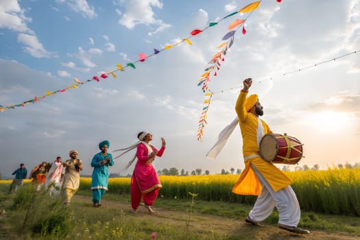 A lively Baisakhi celebration with people dancing in colorful traditional attire, playing drums, and enjoying the festive atmosphere.