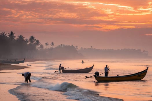 A peaceful Kerala coastline at sunrise with fishermen on boats, palm trees, and the gentle waves of the sea.