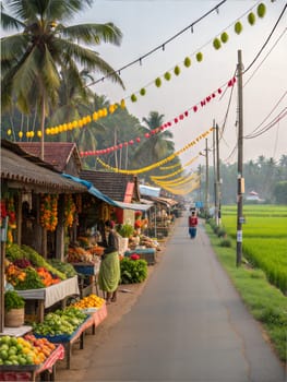 A lively Kerala street beautifully decorated with yellow and red marigold garlands for the Vishu festival, with fruit vendors and palm trees.
