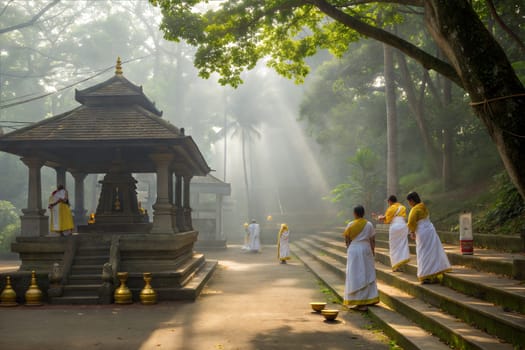 A serene scene of people praying at a Kerala temple, surrounded by bells, oil lamps, and morning mist, creating a spiritual atmosphere.